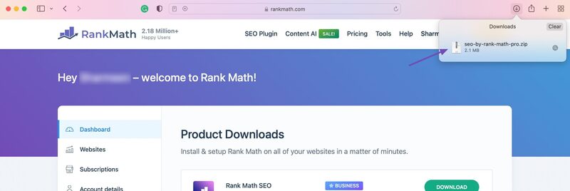 Cách tải xuống tệp Zip Plugin Rank Math PRO trong Safari 4