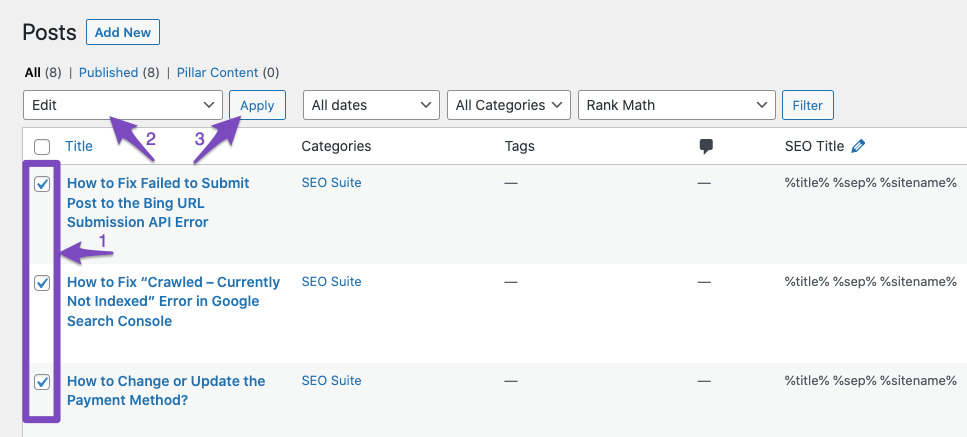 Chỉnh sửa hàng loạt trong Rank Math 3